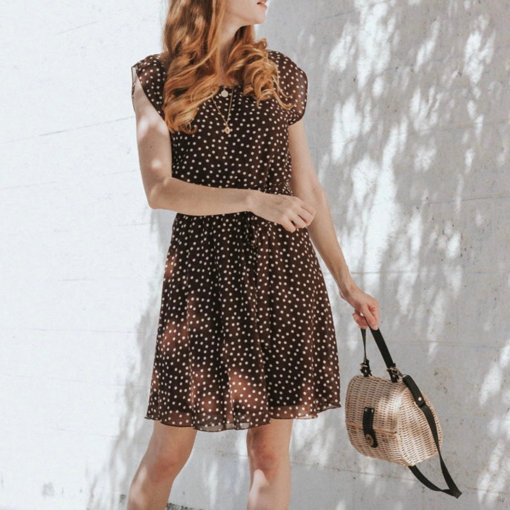Tacera Brown Polka-Dot Blousy Cap Sleeve Dress M